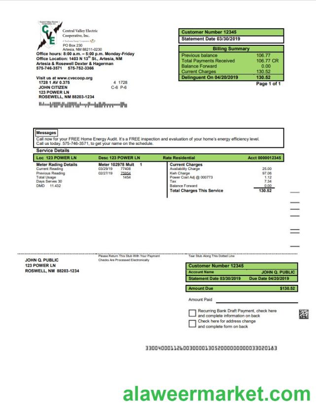 USA New Mexico electricity proof of address utility bill template in Word and PDF format